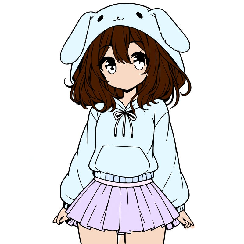 pretty anime girl wearing a fluffy hoodie with bunny ears on the hood and a skirt