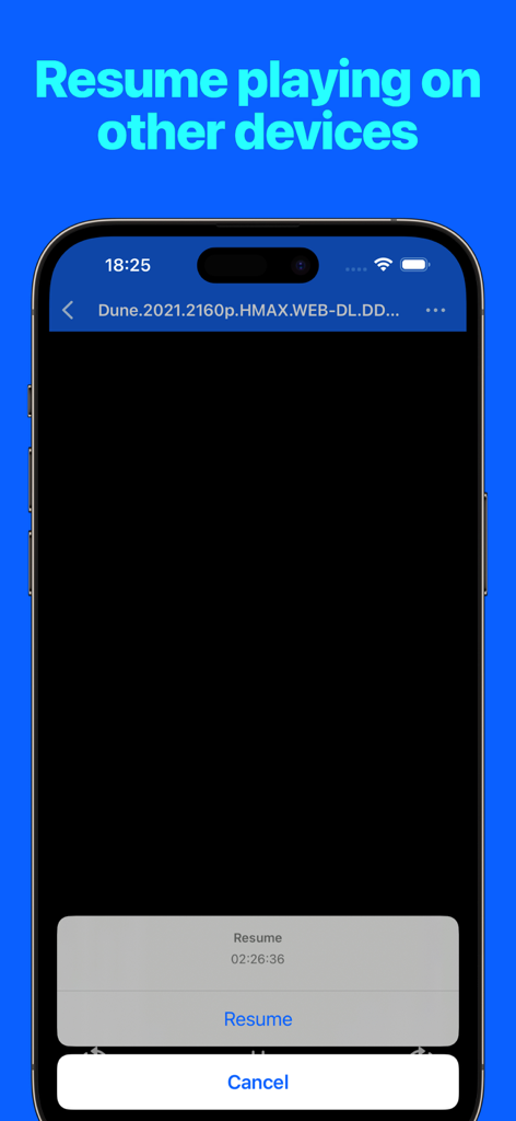 Interfaz de la aplicación mostrando la función de reanudar reproducción en otros dispositivos para un archivo de video