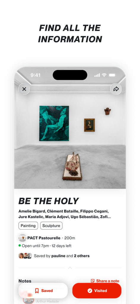 CUR8 — Art shows around you - A detailed screen of the CUR8 app showing information for an art exhibition titled Be The Holy including artists and gallery location