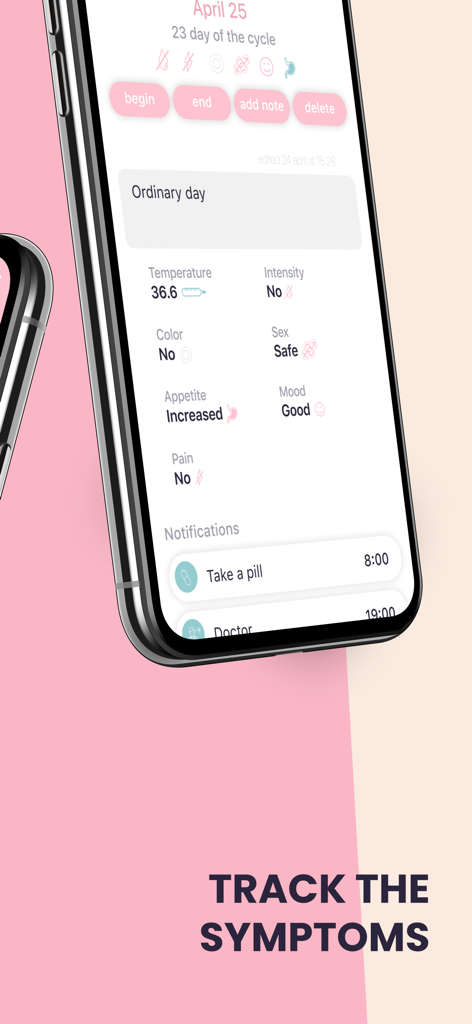 Interface de l'application Santé Féminine - Ovulation pour le suivi quotidien des symptômes, de la température, de l'humeur et des rappels de médicaments