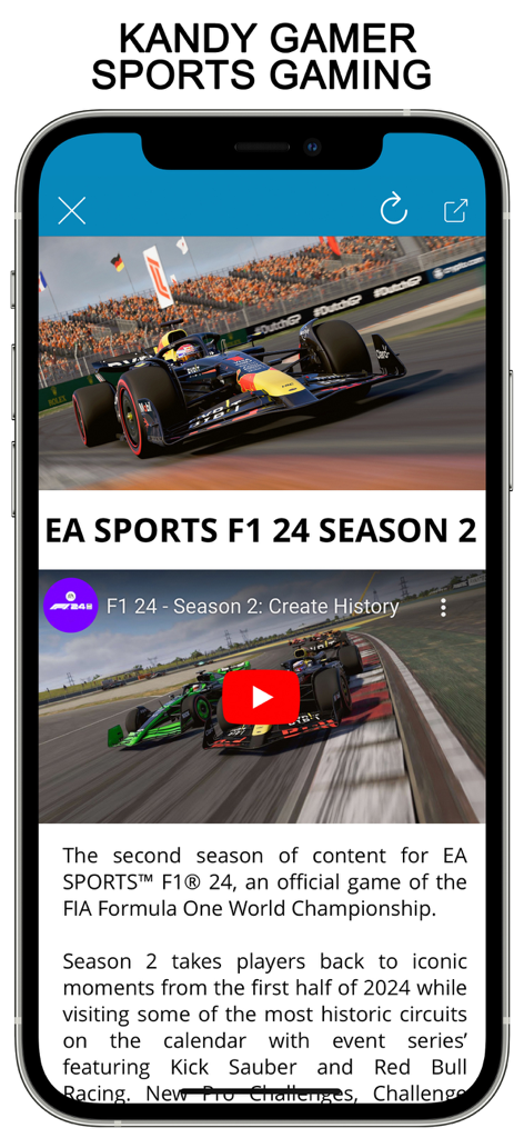 KANDY Magazine: Photo Stories - Kandy Magazine app screen showing a sports gaming article about EA Sports F1 24 Season 2.