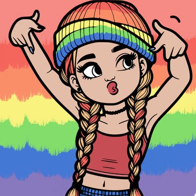realistic teenage girl with braids and a beanie and crop top doing 🫶🏼