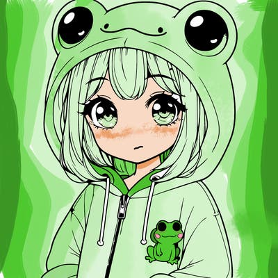 cute realistic girl in a froggy hoodie