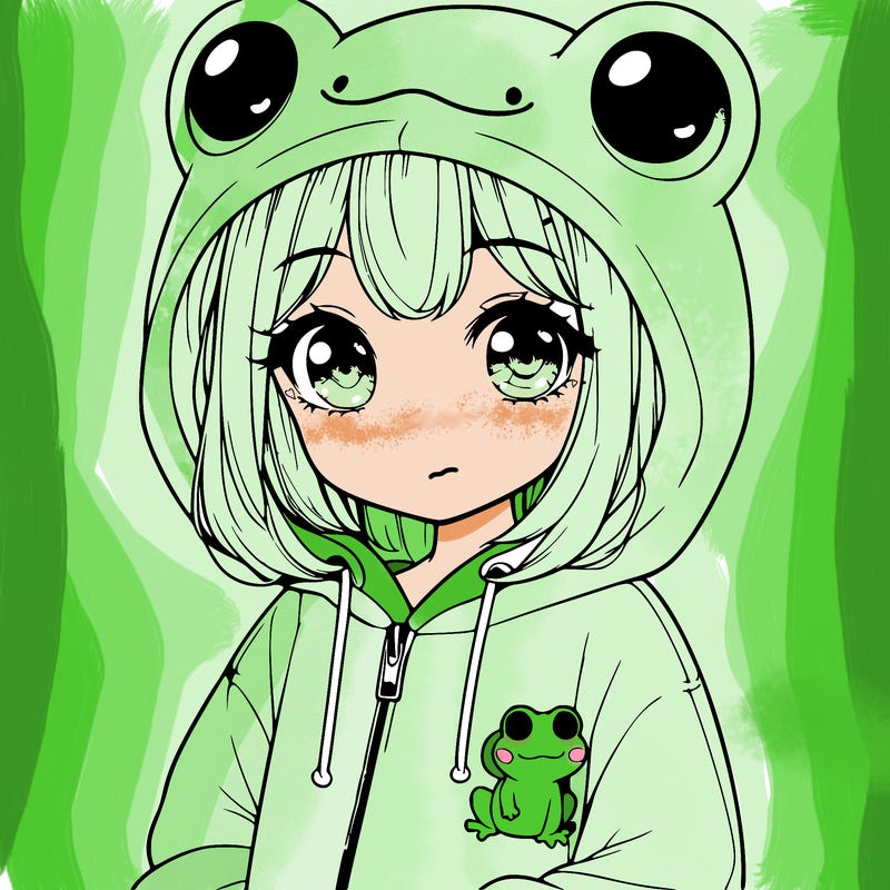cute realistic girl in a froggy hoodie