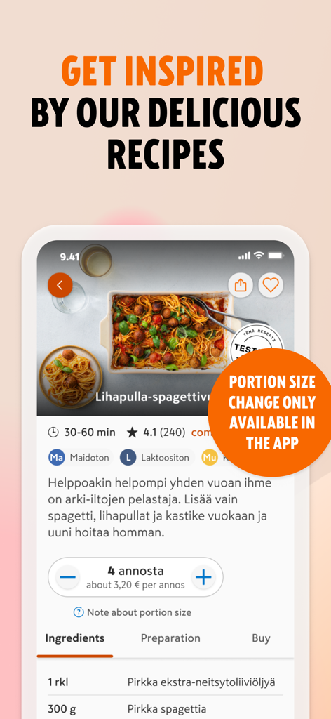 K-Ruoka - K-Ruoka-App-Benutzeroberfläche mit einem Rezept für Spaghetti mit Fleischbällchen und einer Funktion zur Anpassung der Portionsgröße