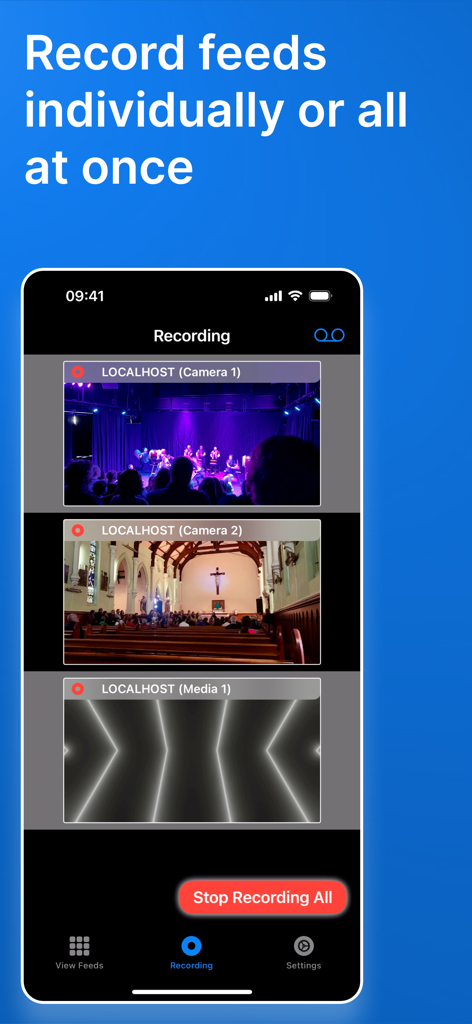 NDI Switcher - Focus - NDI Switcher Focus App-Bildschirm mit drei gleichzeitigen Videoaufnahmen von lokalen Netzwerkquellen