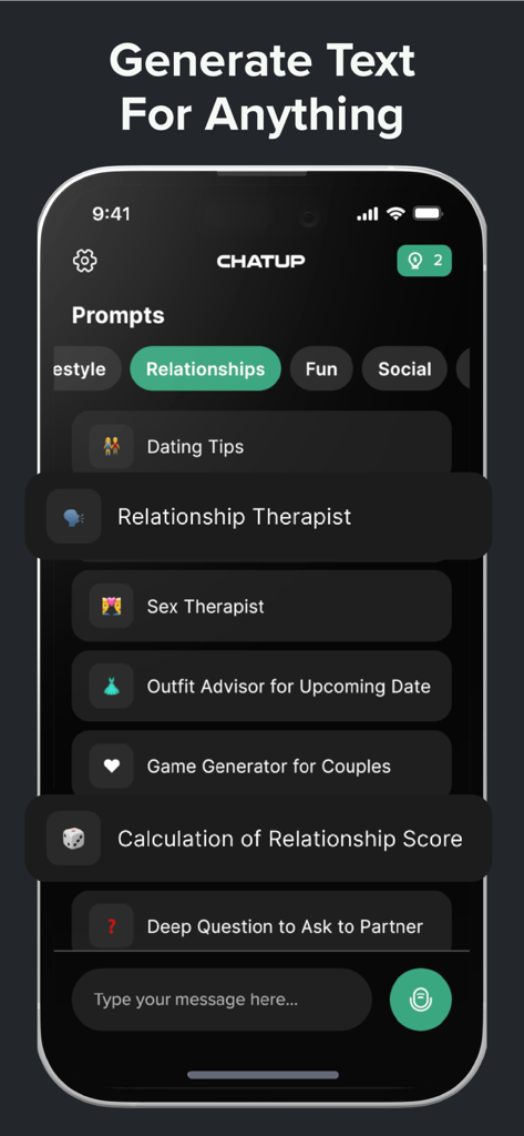 ChatUp AI - Chat Bot Assistant - ChatUp AI mobile app showing relationship prompts including dating tips and therapist advice