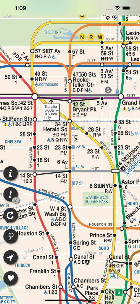 Underway: NYC Subway Transit - Underway app interface showing the official NYC subway map with various transit lines and station names
