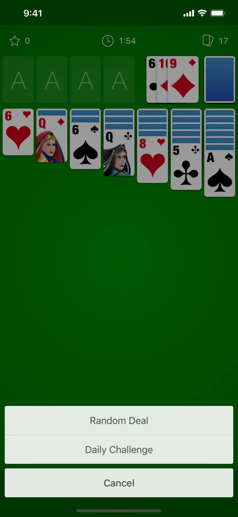 Solitaire The Game - Gameplay screen of Solitaire The Game showing a green table with cards and a menu for Random Deal or Daily Challenge.