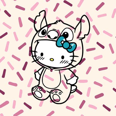 little cute hello kitty, blushing with little stitch costume