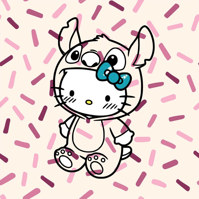 little cute hello kitty, blushing with little stitch costume