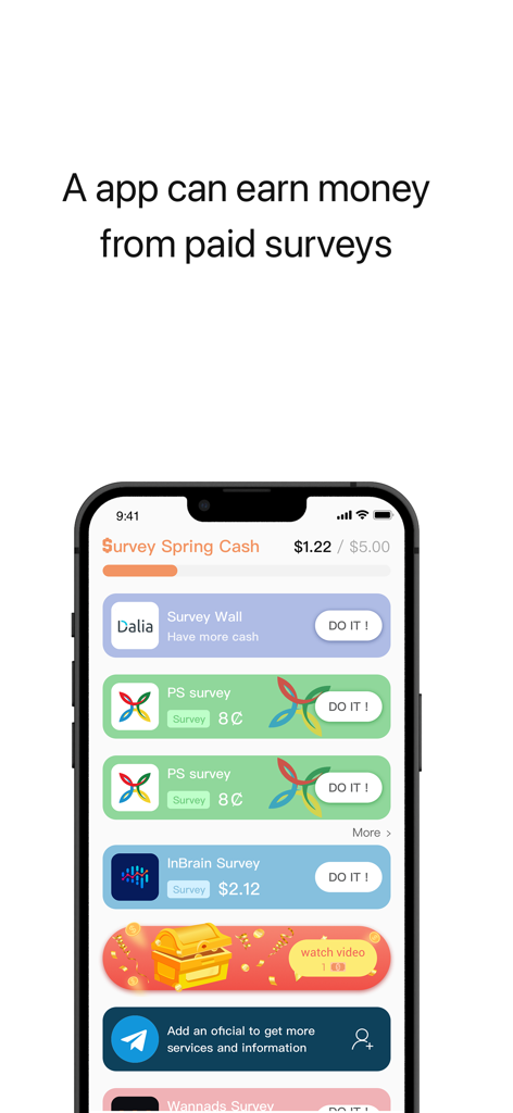 Survey Spring Cash - Earn cash - Survey Spring Cash mobile app interface showing various paid survey options and earned cash balance