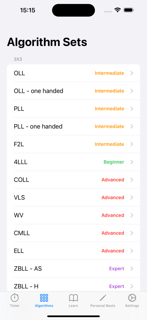 The Cube App Pro - Une liste d'ensembles d'algorithmes de speedcubing pour les cubes 3x3 classés par niveaux de difficulté comme Débutant Intermédiaire Avancé et Expert