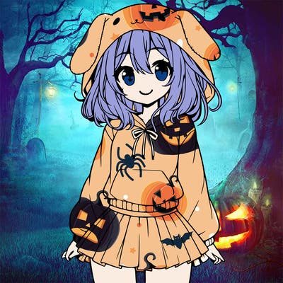 pretty anime girl wearing a fluffy hoodie with bunny ears on the hood and a skirt