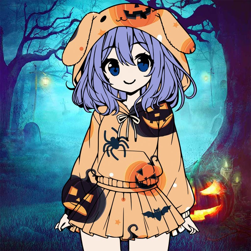 pretty anime girl wearing a fluffy hoodie with bunny ears on the hood and a skirt