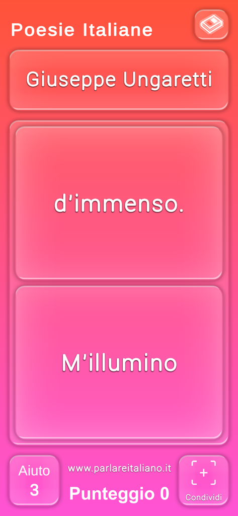 Ein Screenshot der Parlare Italiano App, der ein Lyrik-Worträtsel mit Versen von Giuseppe Ungaretti zeigt.