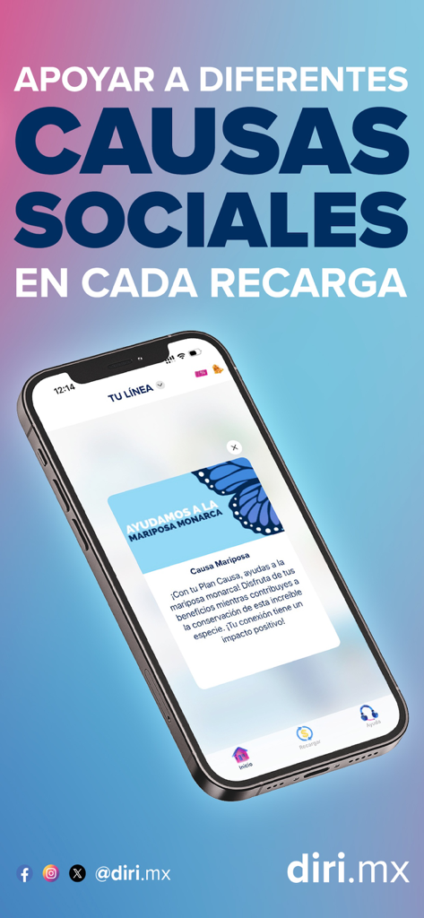 Diri App - Smartphone showing Diri App promotion for supporting social causes like monarch butterfly conservation with plan recharges.