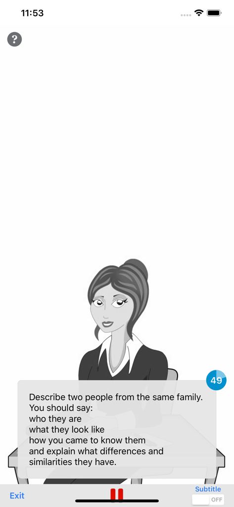 IELTSpeaking - IELTSpeaking app interface featuring an AI examiner and a Part 2 speaking cue card prompt about describing family members.