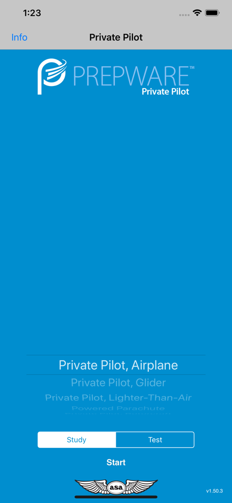 Prepware Private Pilot - 飛行機パイロット向けの学習モードとテストモードを備えたPrepware Private Pilotアプリのメインインターフェイス