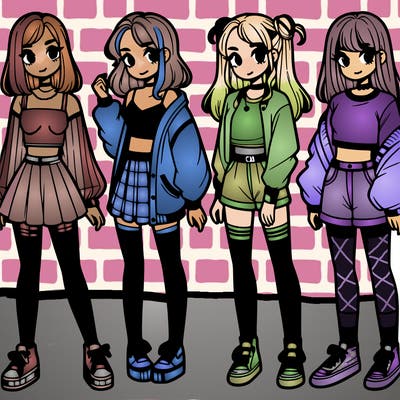 one girl with crop-top shirt and a jacket with a skirt, long socks and another girl with a shirt and pants with a jacket