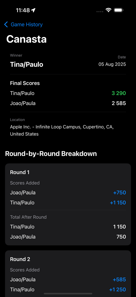 Uma tela de histórico de jogos para Canastra mostrando a equipe vencedora, pontuações finais e um detalhamento de pontos rodada a rodada.
