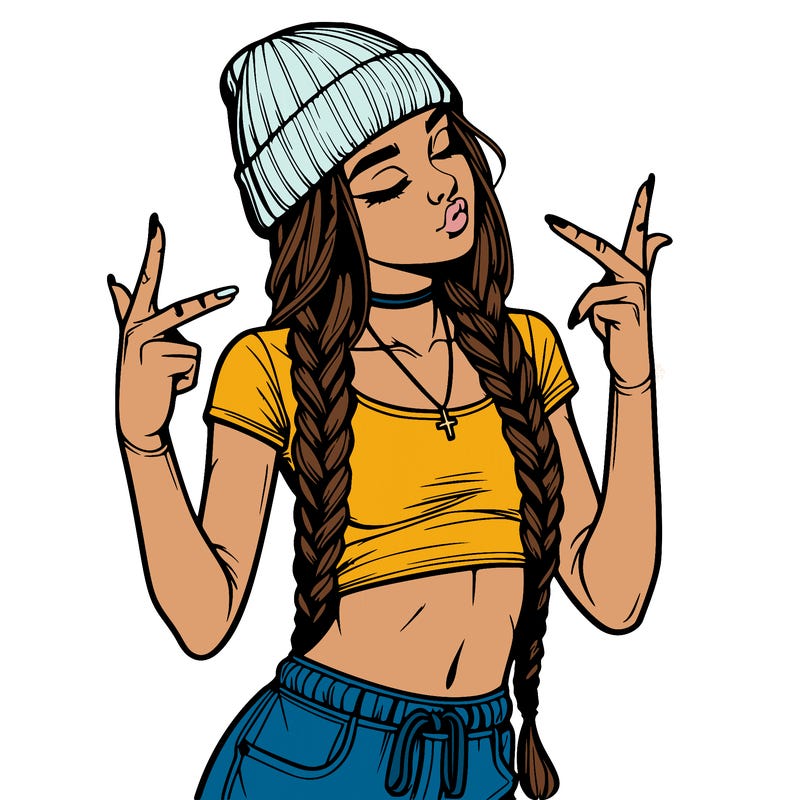 realistic teenage girl with braids and a beanie and crop top doing 🫶🏼