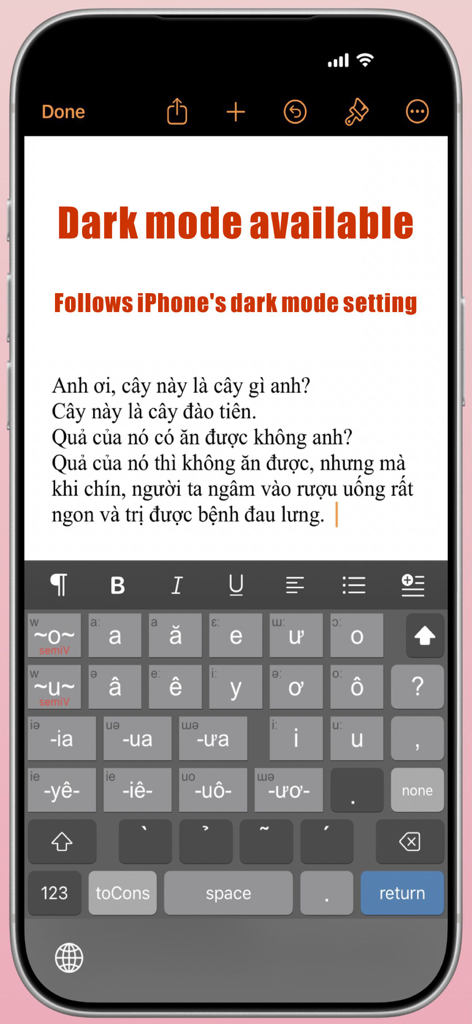 NguyenKey app showing the Vietnamese vowel keyboard interface in dark mode on an iPhone