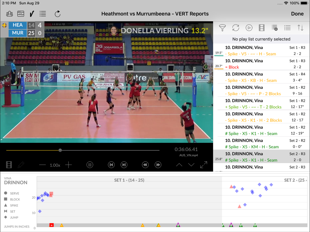 DVMate iPad app interface displaying a volleyball match video synced with VERT jump height reports and player performance statistics