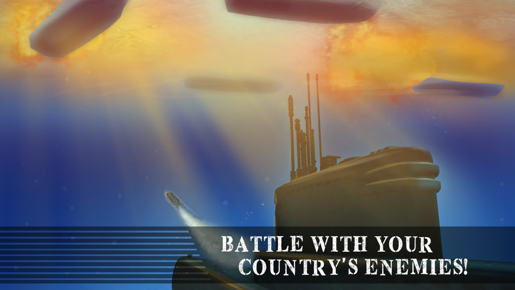 Submarino 3D lançando um torpedo em navios inimigos em um jogo de simulador naval