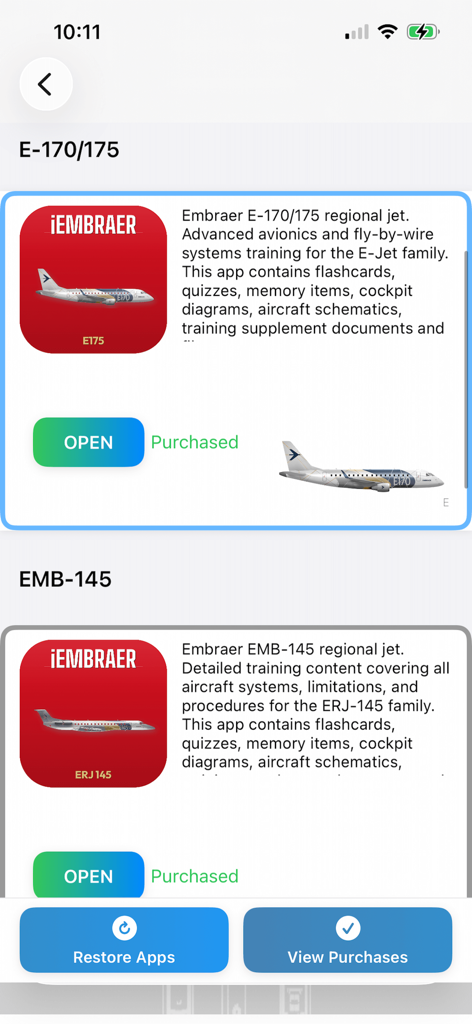iEMBRAER Type Rating Prep - Aircraft selection screen in the iEMBRAER app showing training modules for E-170 175 and EMB-145