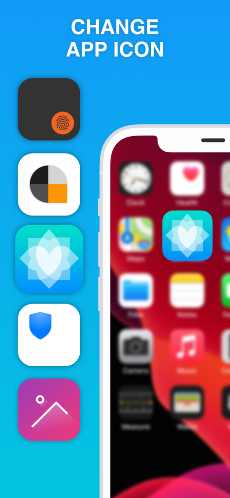 Screen showing various app icon options for the Safe Lock Hidden Photo Vault app