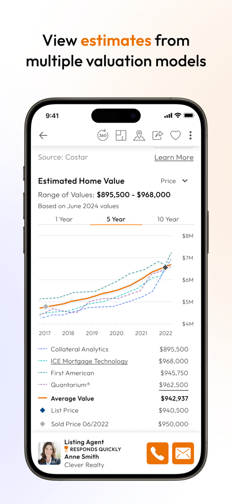 Homes.com app interface showing multiple home value estimation models and agent contact
