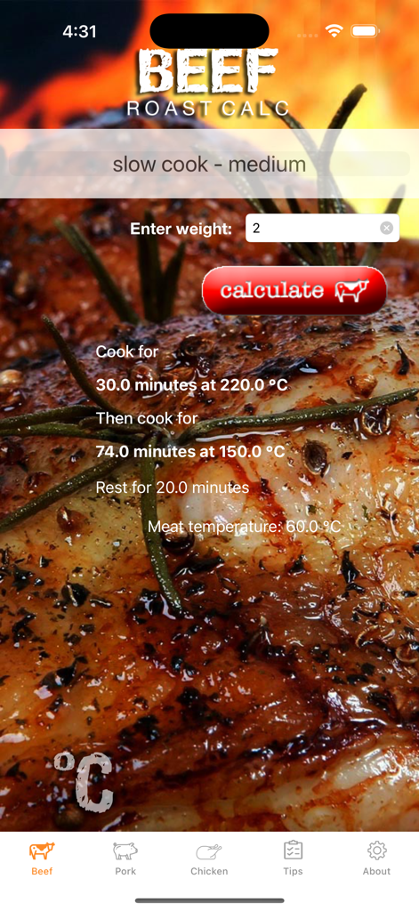 Roast Calc - Roast Calc app interface showing beef roasting times and temperatures for a slow cooked medium roast