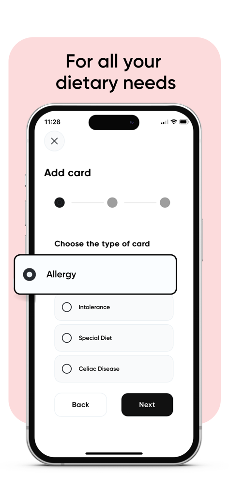 Equal Eats - Equal Eats app interface for choosing a dietary card type such as allergy or intolerance.