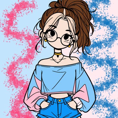 girl with a messy ponytail glasses a baggy crop top and jean shorts