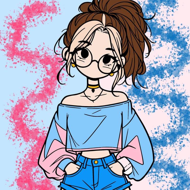 girl with a messy ponytail glasses a baggy crop top and jean shorts