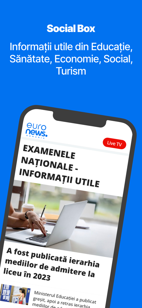 Euronews Romania mobile app interface showing the Social Box section with education and social news articles.