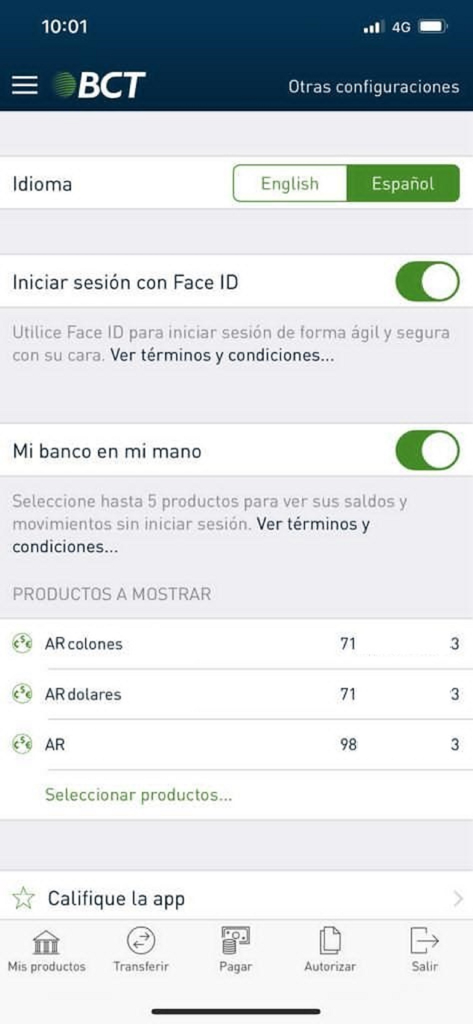 Enlace BCT Mi banco en mi mano - Settings screen of the Enlace BCT banking app featuring Face ID login and account summary options