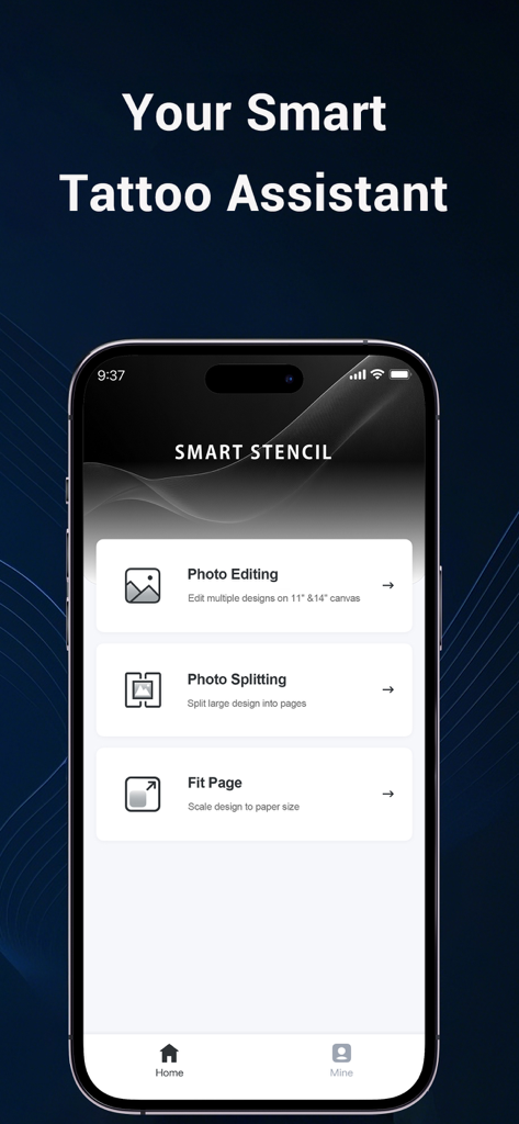 Smart Stencil - Smart Stencil app home screen showing photo editing, photo splitting, and fit page features for tattoo artists.