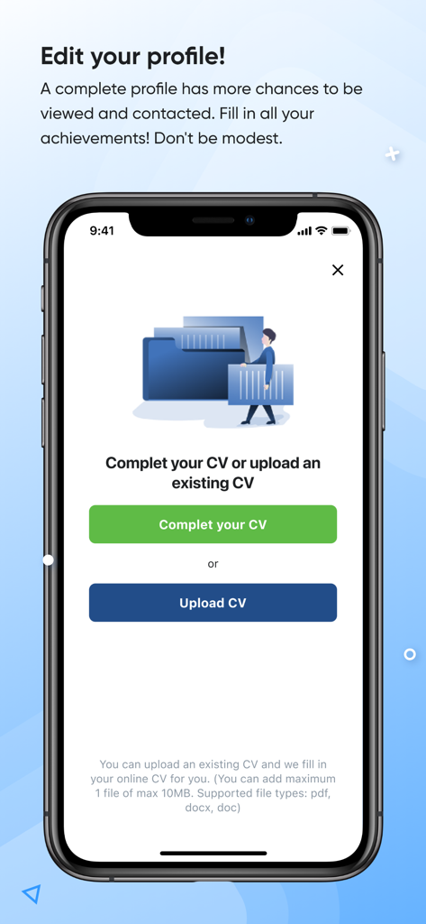 bestjobs - Pantalla de la aplicación móvil Bestjobs que muestra opciones para completar o cargar un CV para un perfil profesional