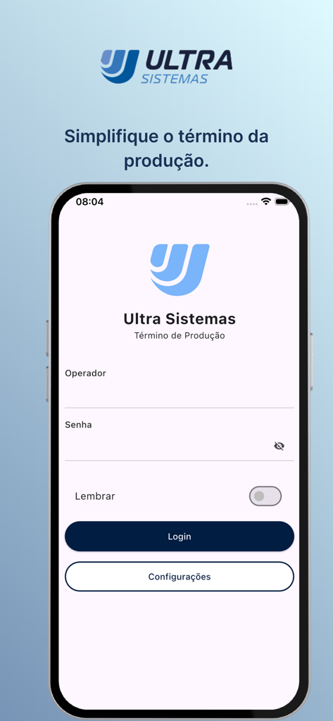 Ultra Prod App Anmeldebildschirm für industrielle Produktionsmitarbeiter