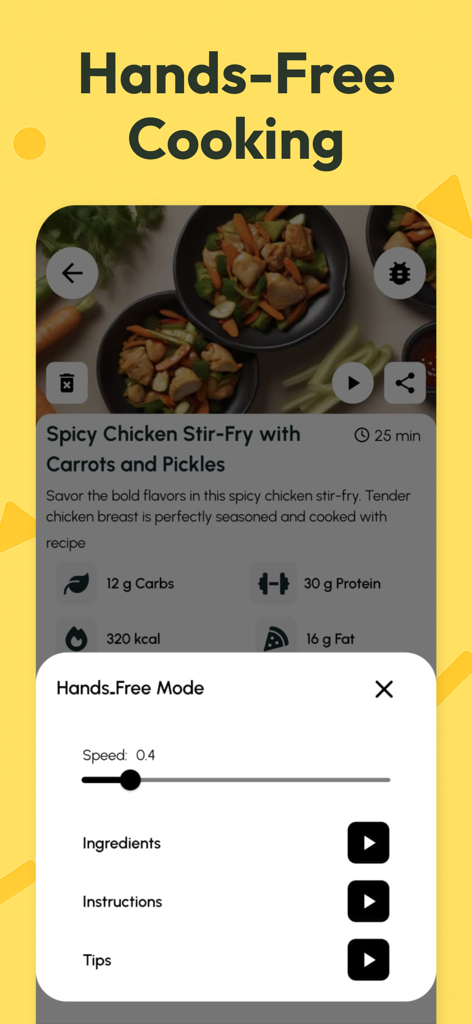 RecipifyAI AI Recipe Generator - RecipifyAI app screenshot showing the hands-free cooking mode interface with voice narration controls