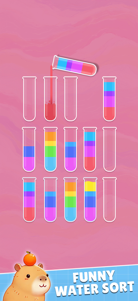 No Wifi Fun - All In One Games - Screenshot of the Funny Water Sort mini game featuring colorful liquids in test tubes and a cute capybara mascot
