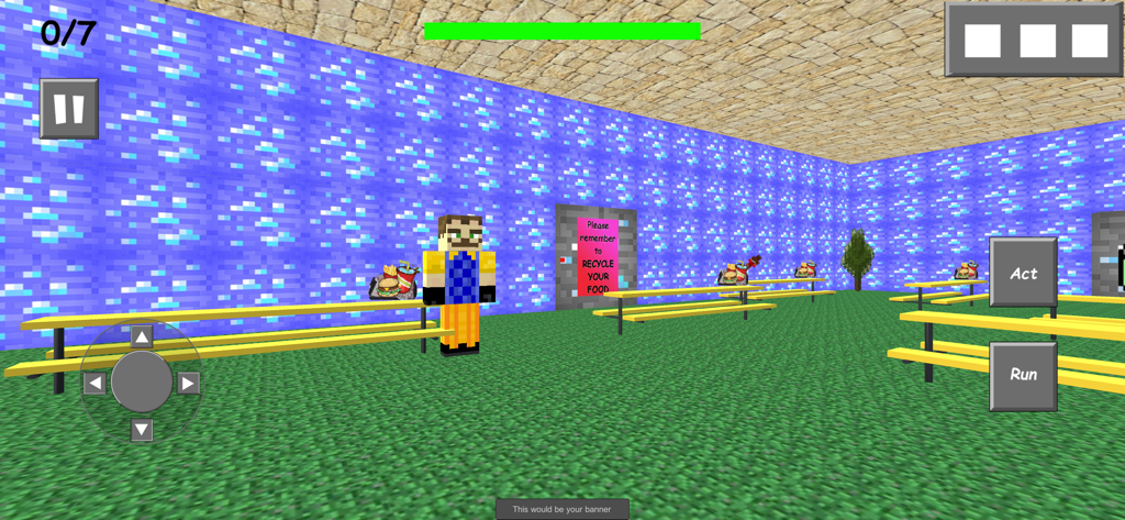 Neighbor Pixel Horror Craft 3D - Pixelated neighbor character in a blocky cafeteria room with blue diamond walls