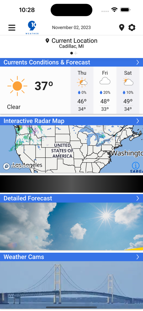 Doppler 9&10 Weather Team - Doppler 9 and 10 Weather app home screen showing current conditions for Cadillac Michigan and interactive radar map