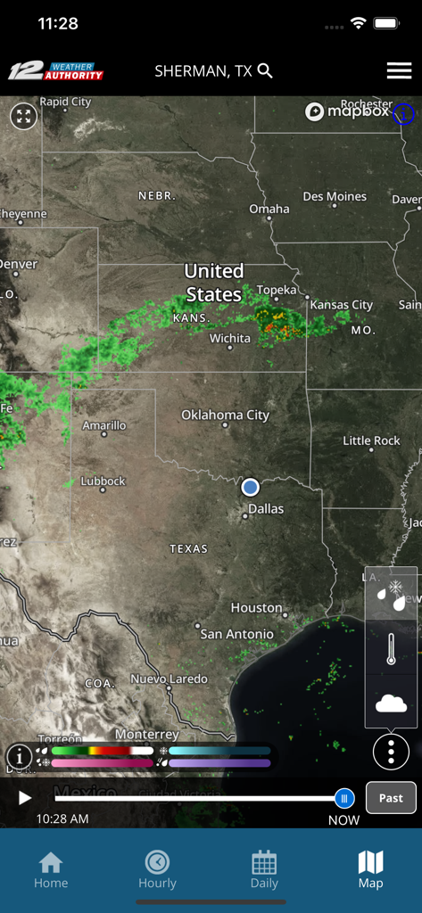 KXII Weather Authority App - KXII Weather Authority interactive radar map showing precipitation across the Texas and Oklahoma region
