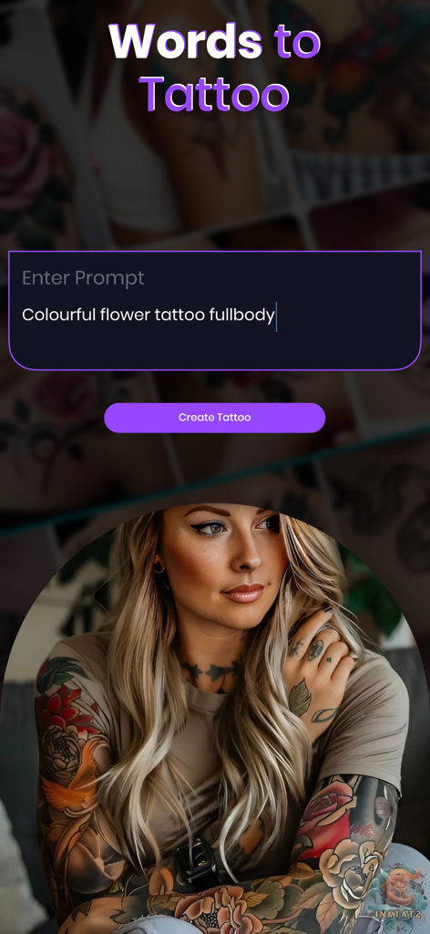 Ink Ai Tattoo Design Generator - Mobile app screen for Ink AI Tattoo Design Generator with a text prompt for custom tattoos.