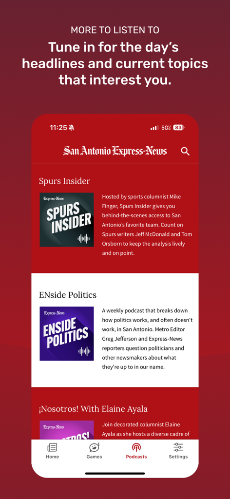 San Antonio Express-News - Interfaz de podcasts de la aplicación San Antonio Express-News que muestra Spurs Insider y ENside Politics.