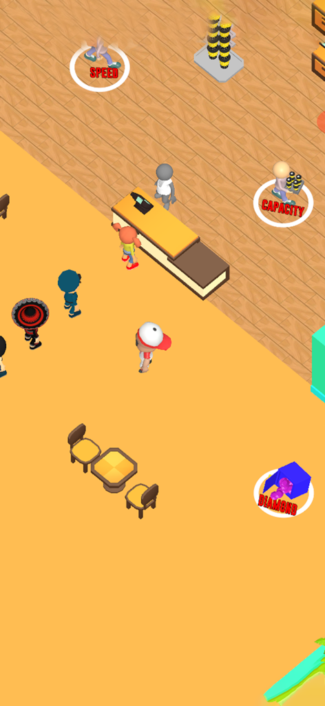 My Great Coffee Restaurant 3D - 3D-Gameplay aus der Vogelperspektive eines Cafés, das Kunden und Upgrade-Optionen zeigt.