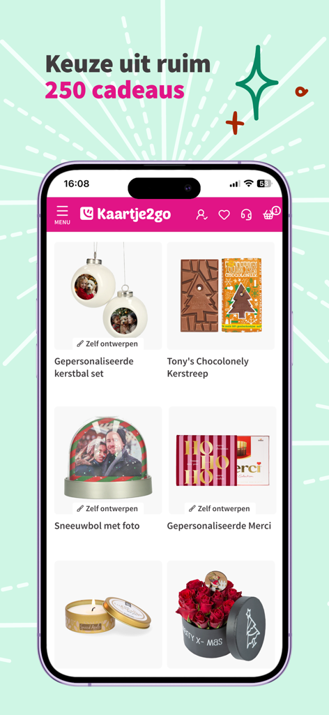 Oberfläche der Kaartje2go-Mobil-App, die eine Auswahl an personalisierten Geschenken zeigt, darunter Pralinen und Weihnachtsdekorationen